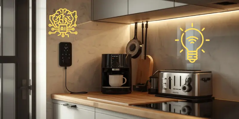 kitchen-smart-plugs-feature.png
•	Alt Text (350+ characters): Modern small kitchen with smart plug controlling coffee maker, air fryer, and toaster. Shows smart kitchen technology in action, highlighting convenience, energy saving, and automation for old appliances. 