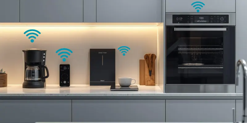 Modern smart kitchen with WiFi-enabled coffee maker, oven, and scale for convenient cooking to use.