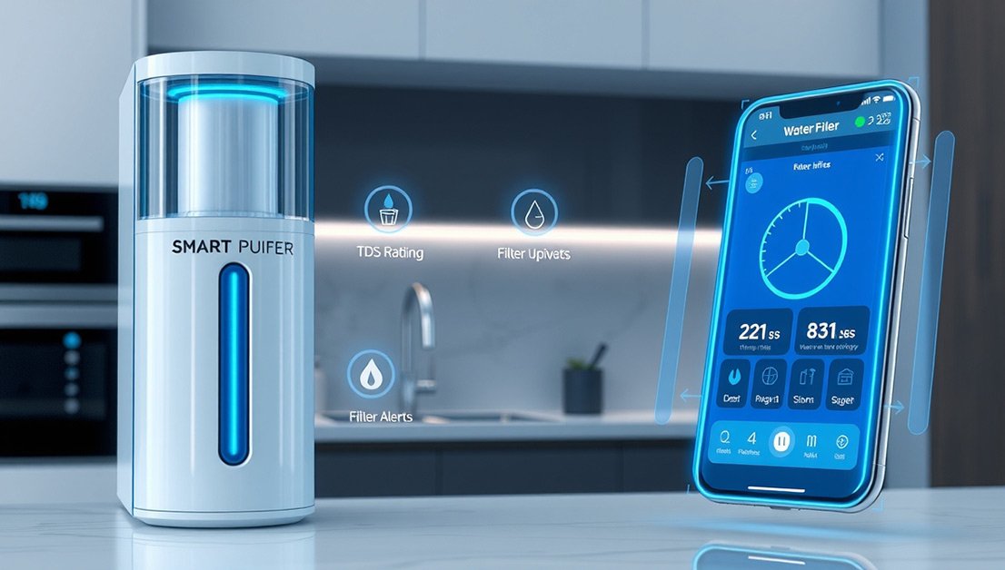 Futuristic smart water purifier displaying real-time water quality, filter health, and usage analytics on a digital mobile app.