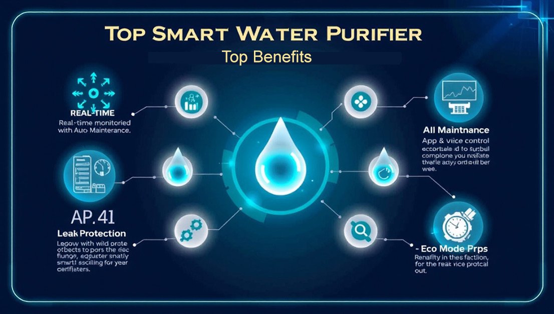 Futuristic infographic showing 6 benefits of smart water purifiers with glowing icons: monitoring, auto maintenance, AI analytics, smart app & voice control, leak protection, eco-mode.