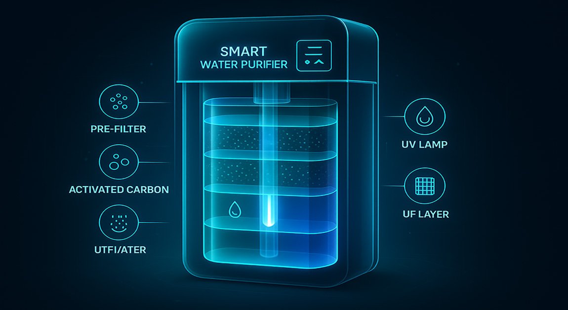 Futuristic diagram of a smart water purifier with glowing layers and labeled filtration stages: pre-filter, activated carbon, RO membrane, UV lamp, UF filter.