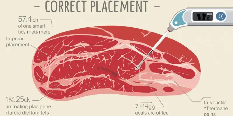 Infographic showing correct placement of smart meat thermometer probe inside meat.