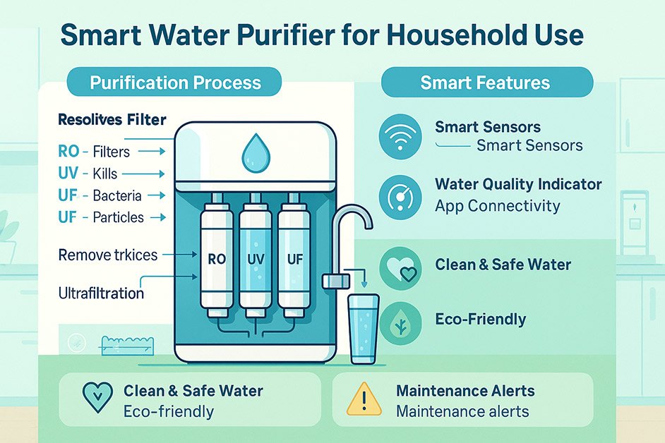 Infographic showing smart water purifier process with RO, UV, UF filters and smart home features.