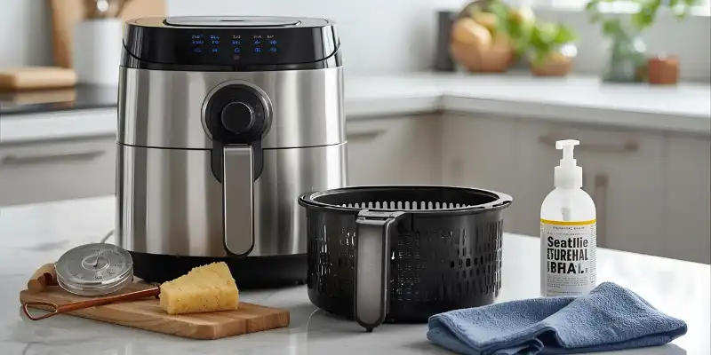 Close-up of a stainless steel air fryer basket being cleaned with a soft microfiber cloth, gentle light, kitchen background.