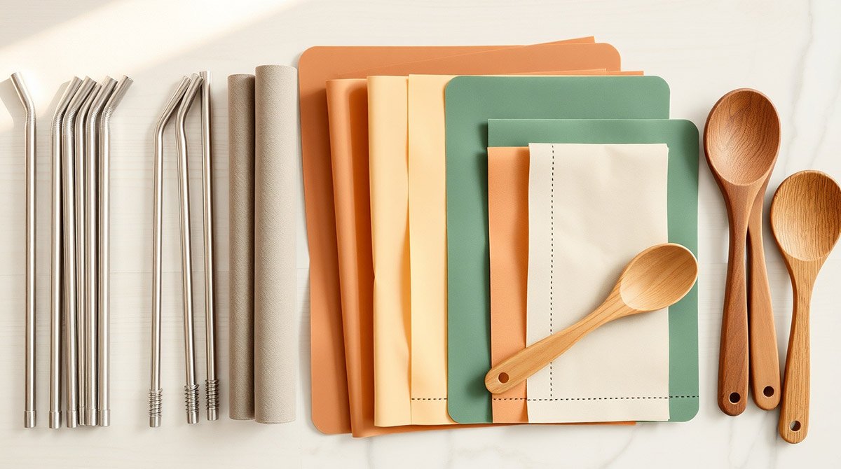 Reusable eco friendly kitchen items including straws and silicone mats.