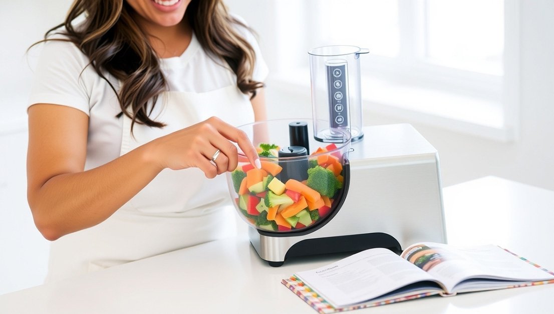 Person pressing pulse button on a food processor while blending ingredients