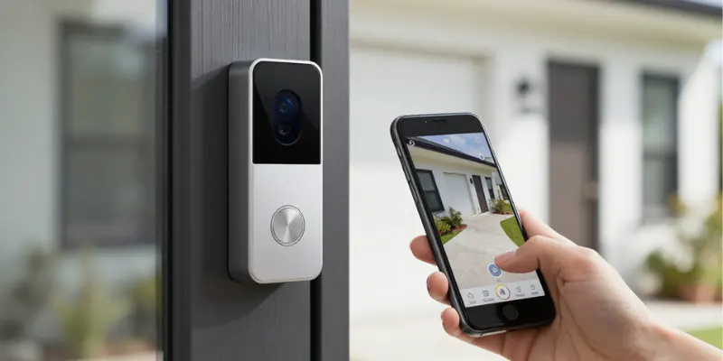 Smart video doorbell installed at front door with app