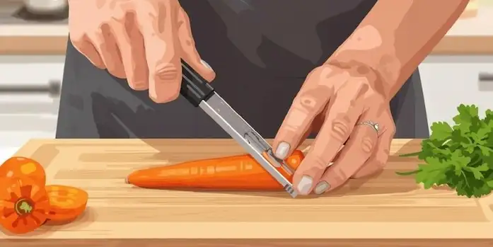 Y-peeler peeling a carrot on a wooden cutting board in a bright kitchen
